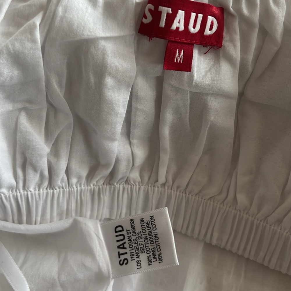 New Staud Carina White Poplin Cutout Puff sleeve Midi Dress Size M - Picture 8 of 9